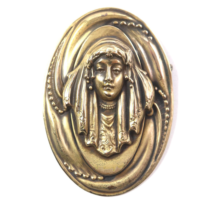 Joseff of Hollywood Statue of a Veiled Woman Oval Gold-Plated Brooch – front view