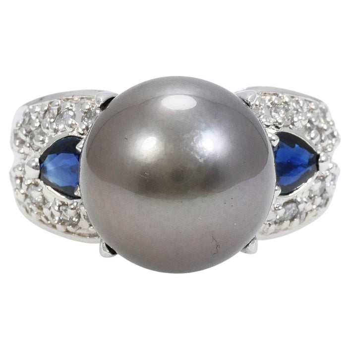 18K White Gold Black Diamond Pearl Sapphire Ring – front view