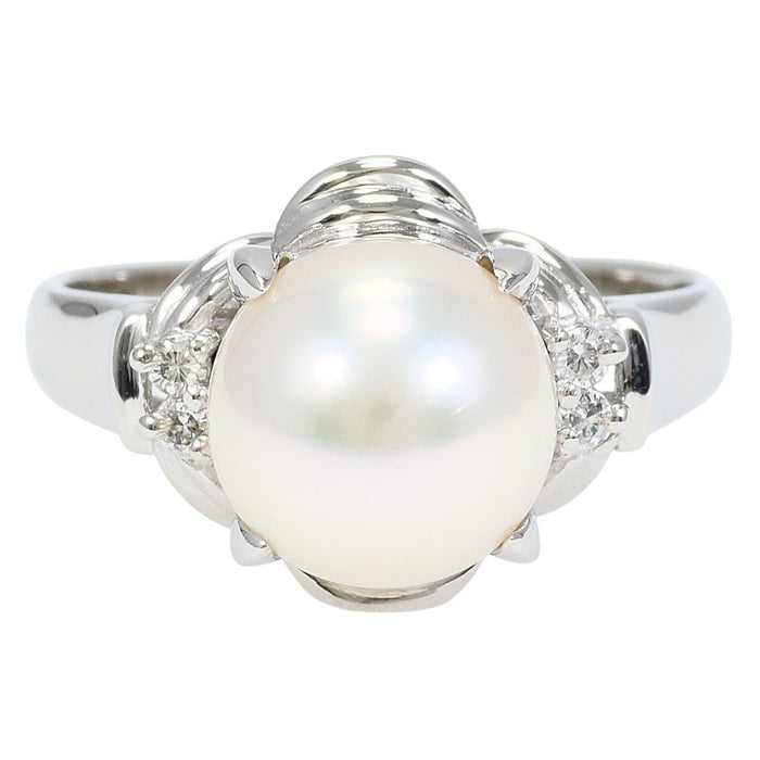 Platinum Akoya Pearl Diamond Ring – front view