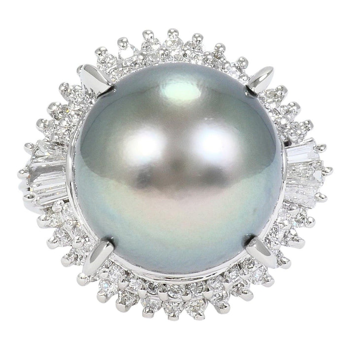 Platinum Black South Sea Pearl Diamond Ring – front view