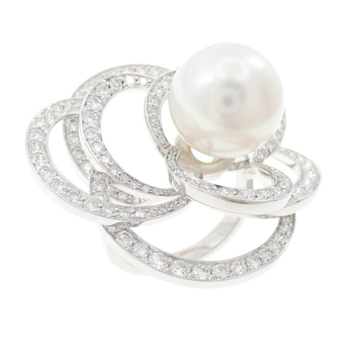Chanel Camelia 18K White Gold Diamond Pearl Ring – front view
