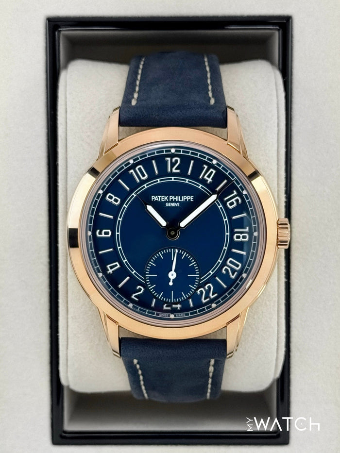 Patek Philippe 42mm 5224R Calatrava Travel Time Rose Gold Blue Dial – front view