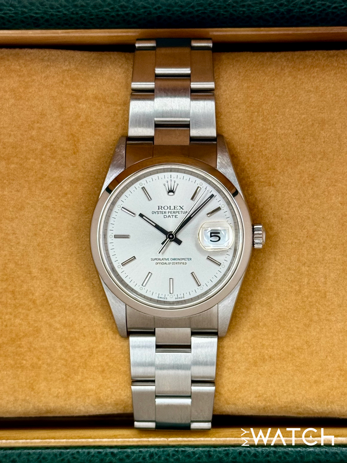 Rolex Oyster Perpetual Date 34mm 15200 Stainless Steel Silver Dial – front view