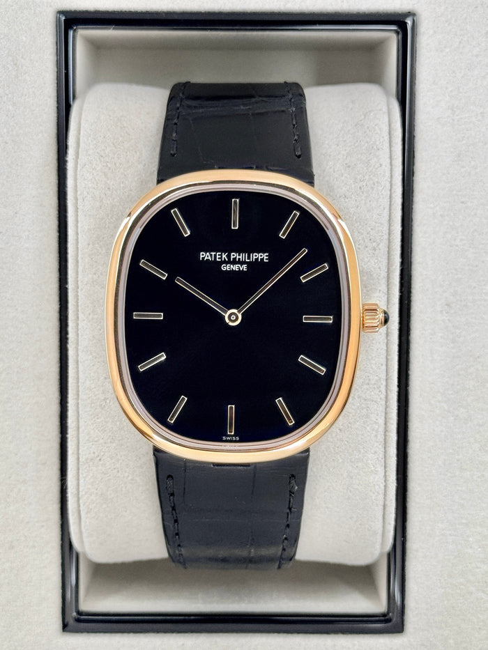 Patek Philippe Golden Ellipse 34mm 5738R Rose Gold Black Dial – front view