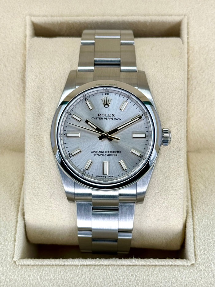 Rolex Oyster Perpetual 34mm Stainless Steel Silver Dial – front view