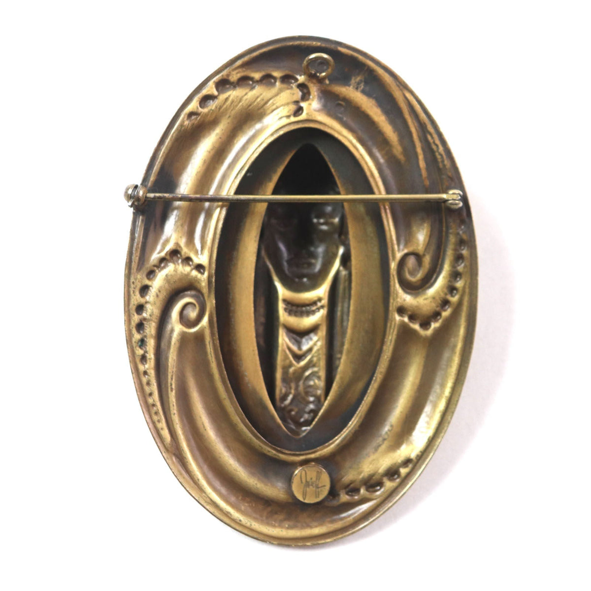 Joseff of Hollywood Statue of a Veiled Woman Oval Gold-Plated Brooch – detail view