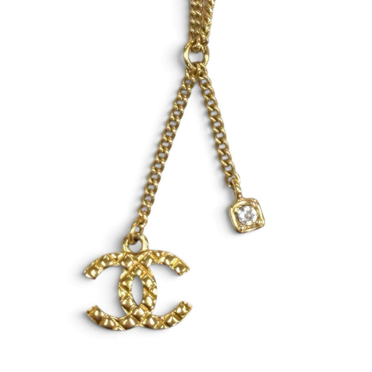 Chanel Coco Mark Quilted Gold-Plated Rhinestone Necklace – front view