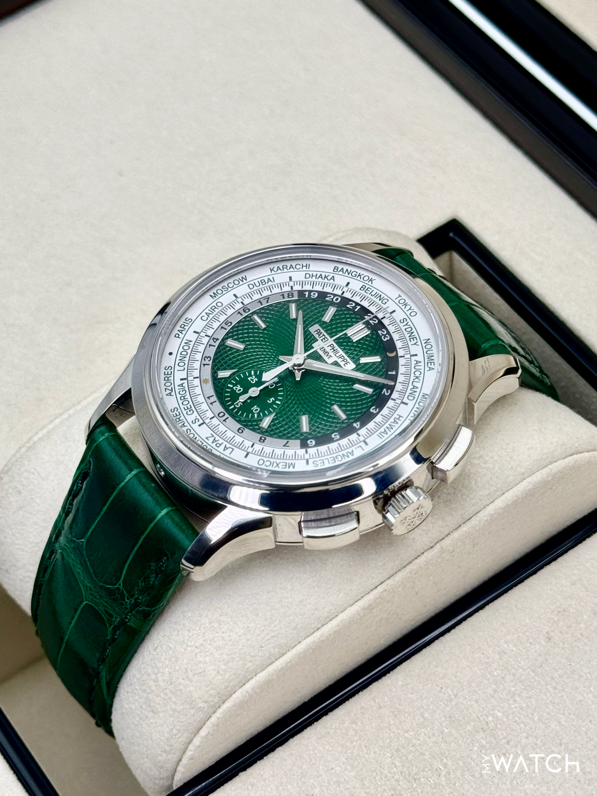 Patek Philippe 5930P World Time Flyback Chronograph Platinum Green Dial – case back