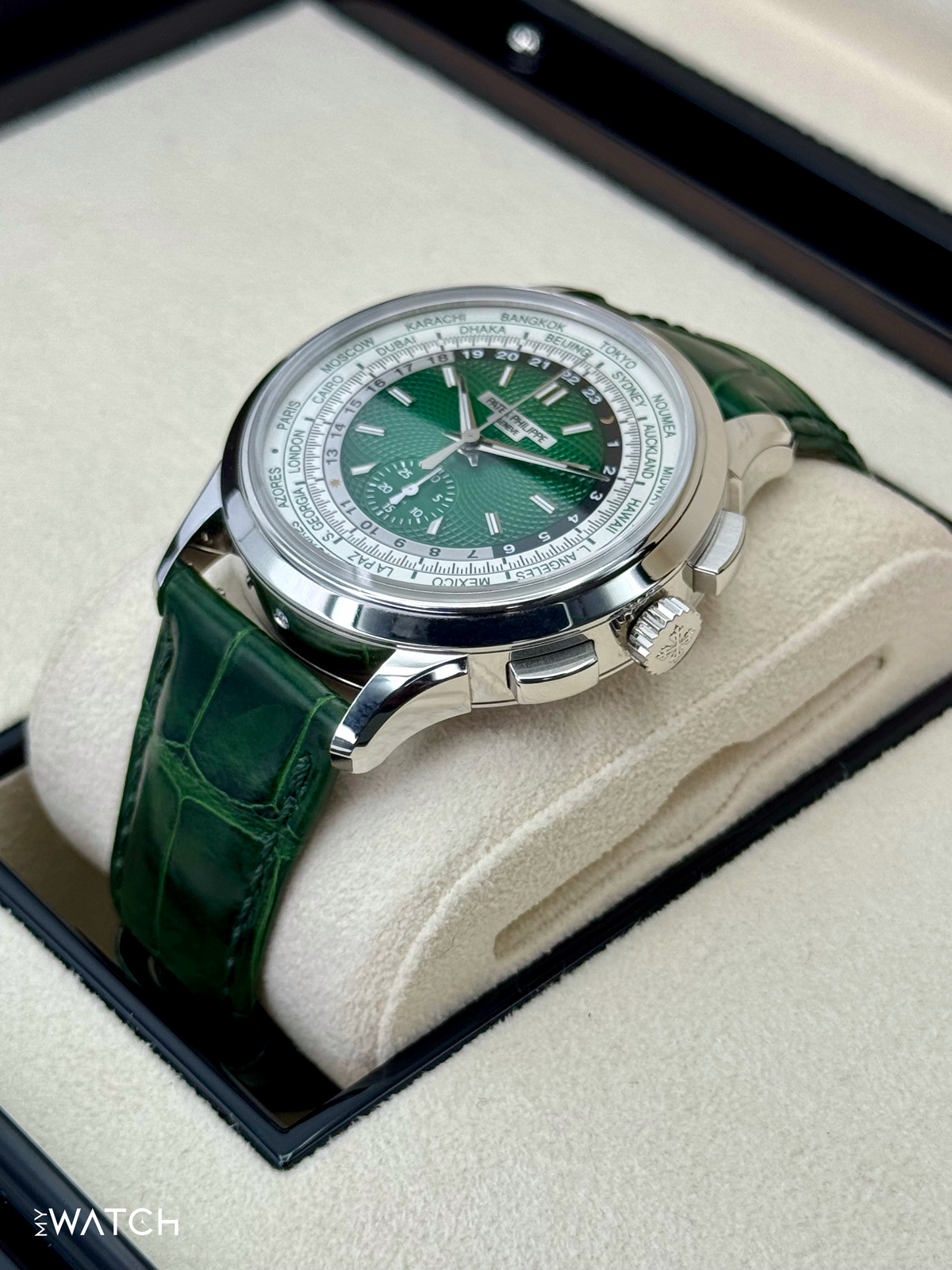 Patek Philippe 5930P World Time Flyback Chronograph Platinum Green Dial – case back