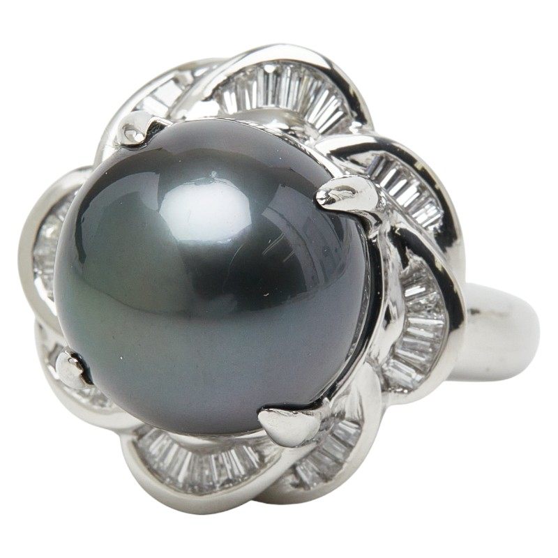 Platinum Black Diamond Pearl Ring – side view
