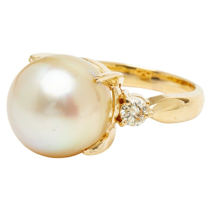 18K Yellow Gold South Sea Pearl Diamond Ring – front view