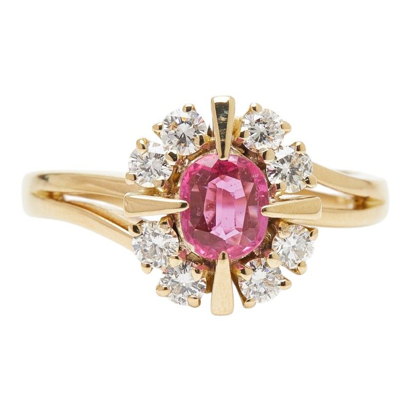 18K Yellow Gold Flower Diamond Ruby Ring – front view