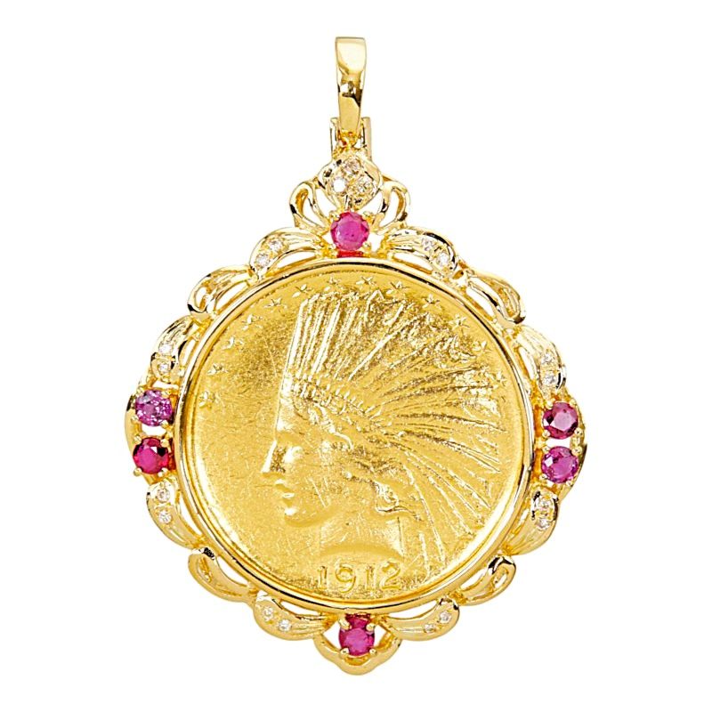 18K Yellow Gold Diamond Ruby Pendant – front view