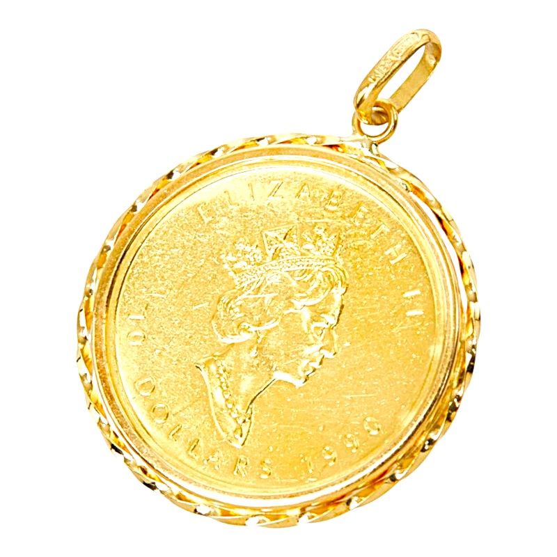24K Yellow Gold Maple Leaf Coin Pendant – full length