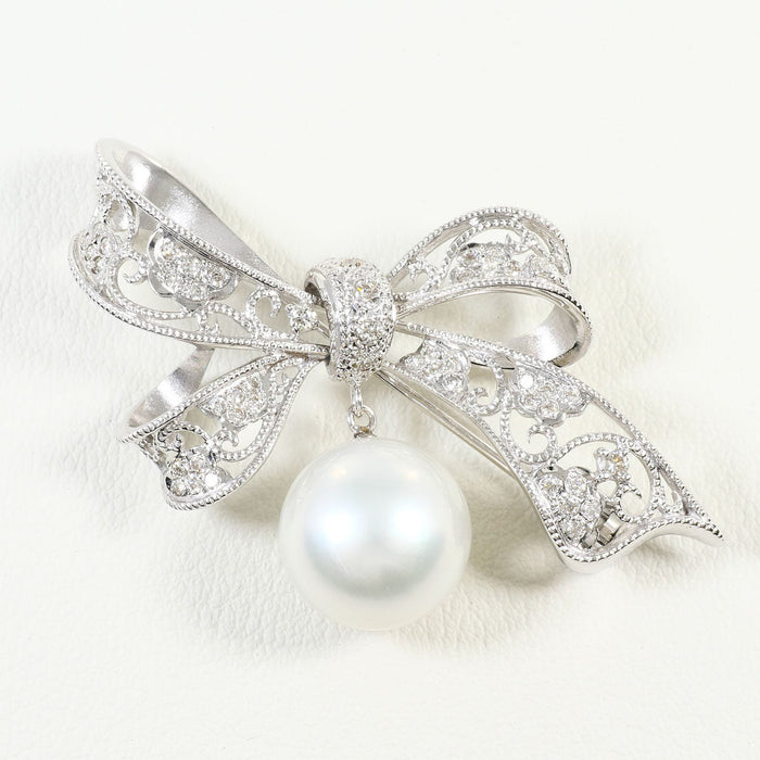 18K White Gold South Sea Pearl Diamond Brooch – front view
