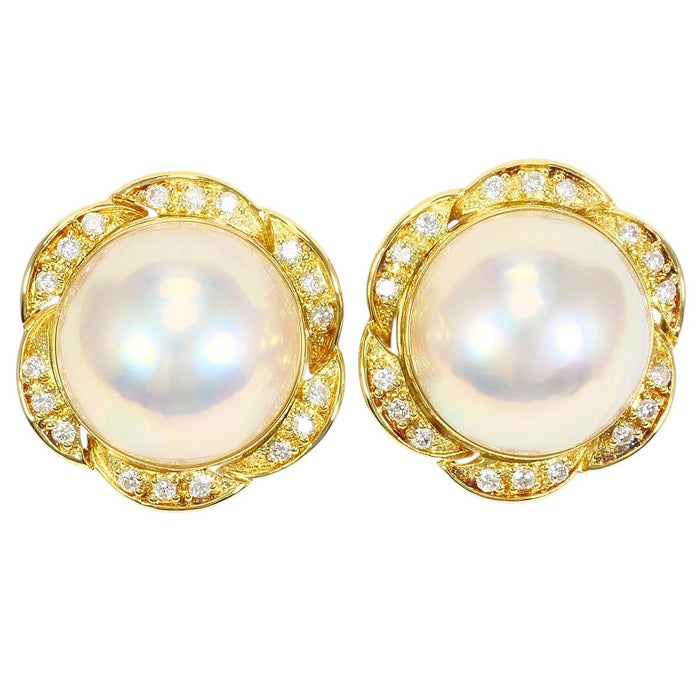 18K Yellow Gold Diamond Pearl Clip-On Earrings – front view