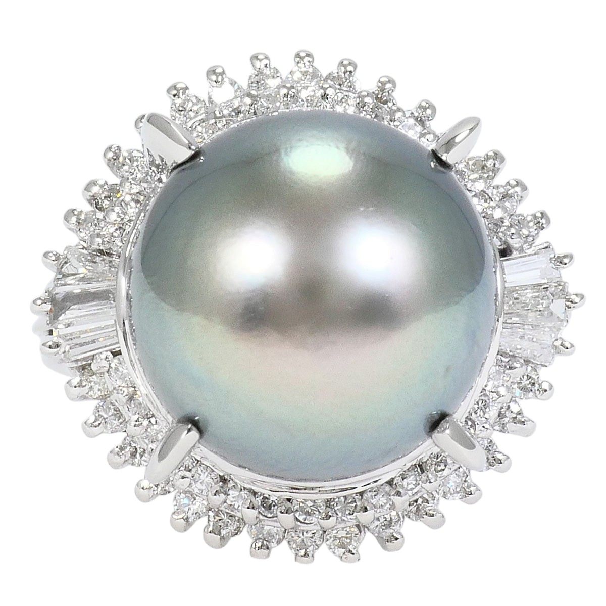 Platinum Black South Sea Pearl Diamond Ring – front view