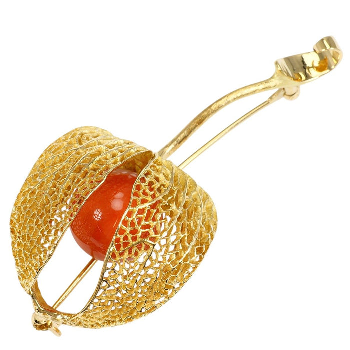 18K Yellow Gold Coral Brooch – front view