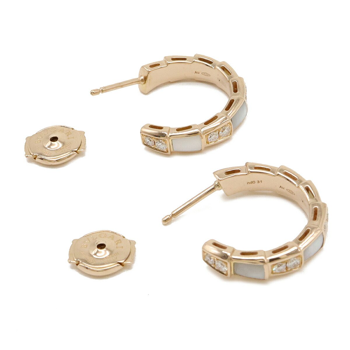 Bulgari Serpenti Viper 18K Rose Gold Mother of Pearl Diamond Earrings – back and fastening