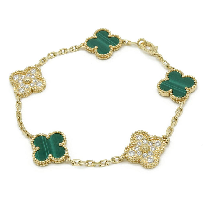 Van Cleef & Arpels Vintage Alhambra 18K Yellow Gold Diamond Malachite Bracelet – front view