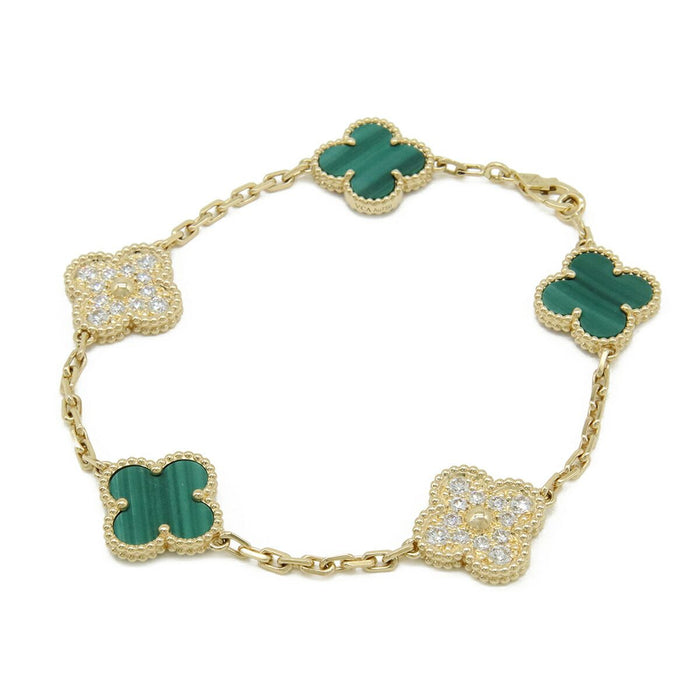 Van Cleef & Arpels Vintage Alhambra 18K Yellow Gold Diamond Malachite Bracelet – front view