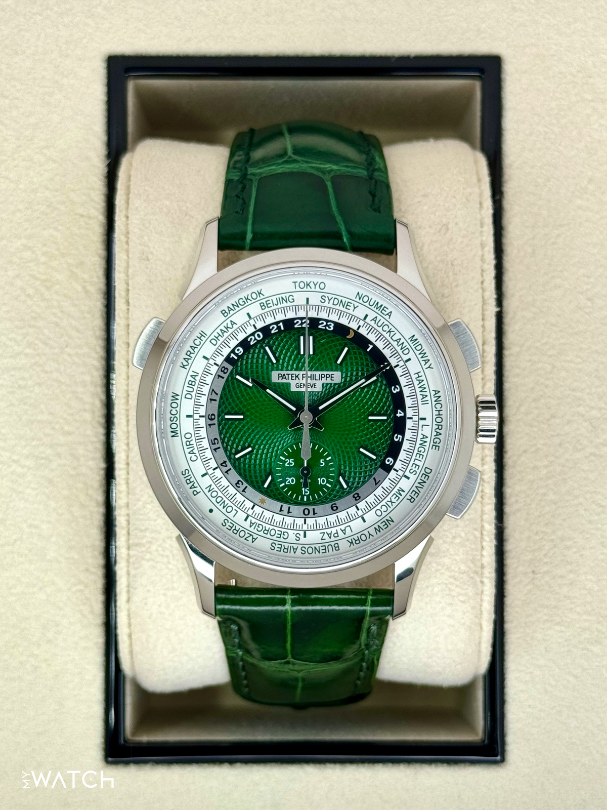 Patek Philippe 5930P World Time Flyback Chronograph Platinum Green Dial – front view