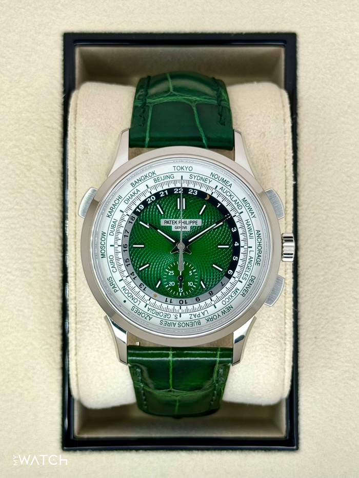 Patek Philippe 5930P World Time Flyback Chronograph Platinum Green Dial – front view