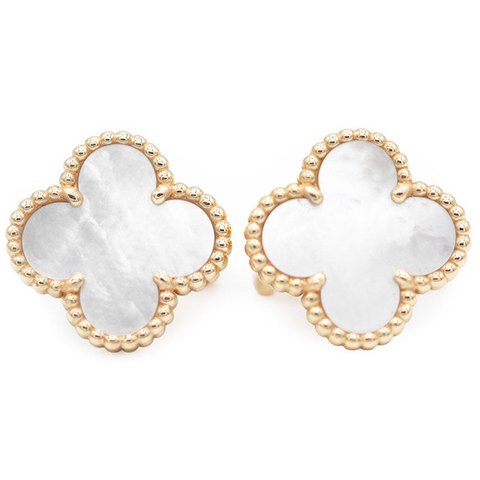 Van Cleef & Arpels Vintage Alhambra Mop 18K Yellow Gold Pearl Earrings – front view