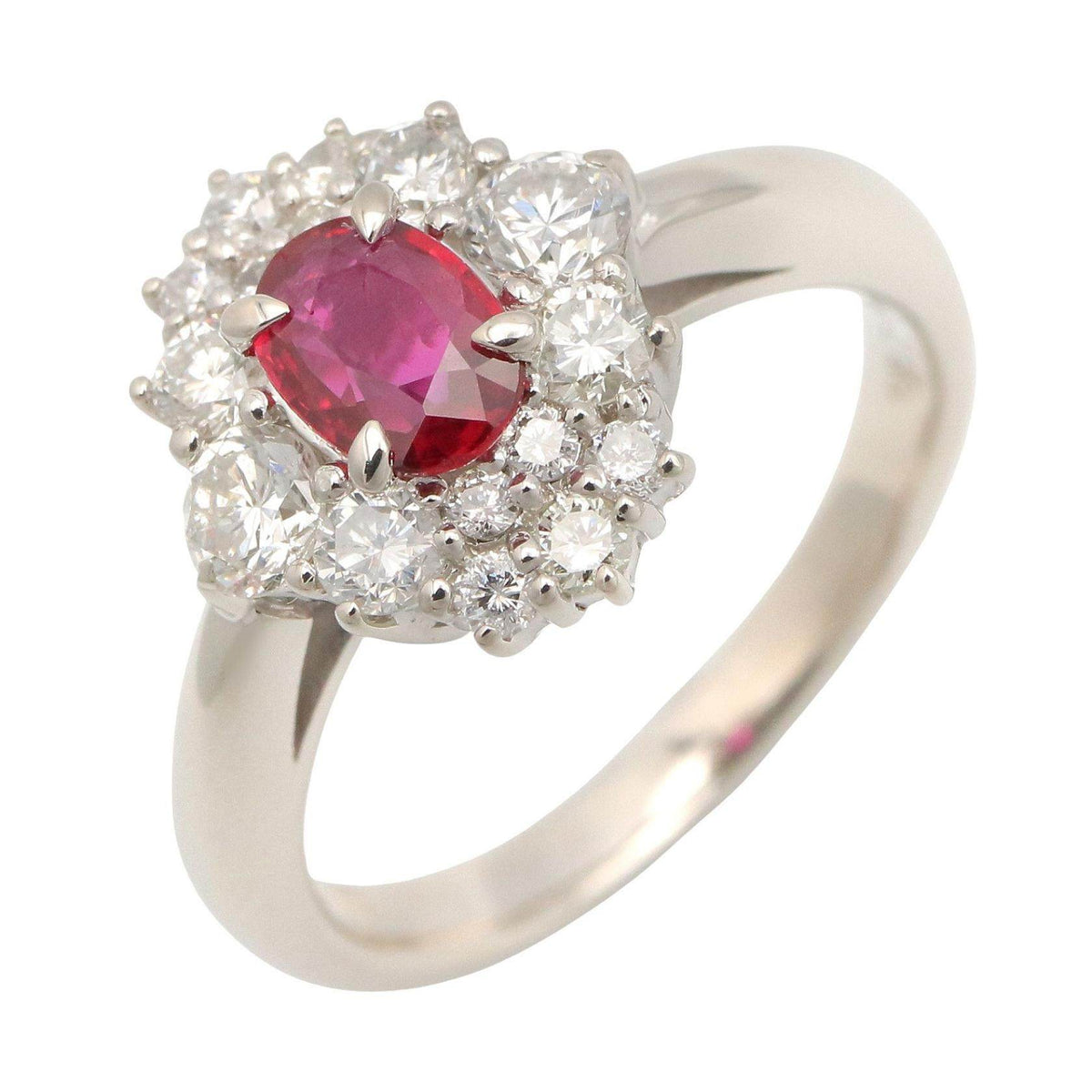 Platinum Cut Diamond Ruby Emerald Ring – front view