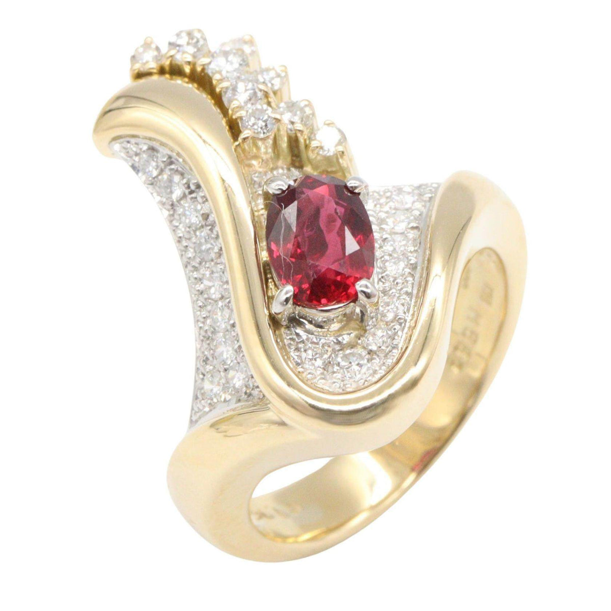 Platinum Cut Diamond Ruby Emerald Ring – front view
