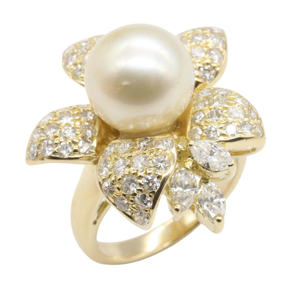 18K Yellow Gold Diamond Pearl Ring – front view
