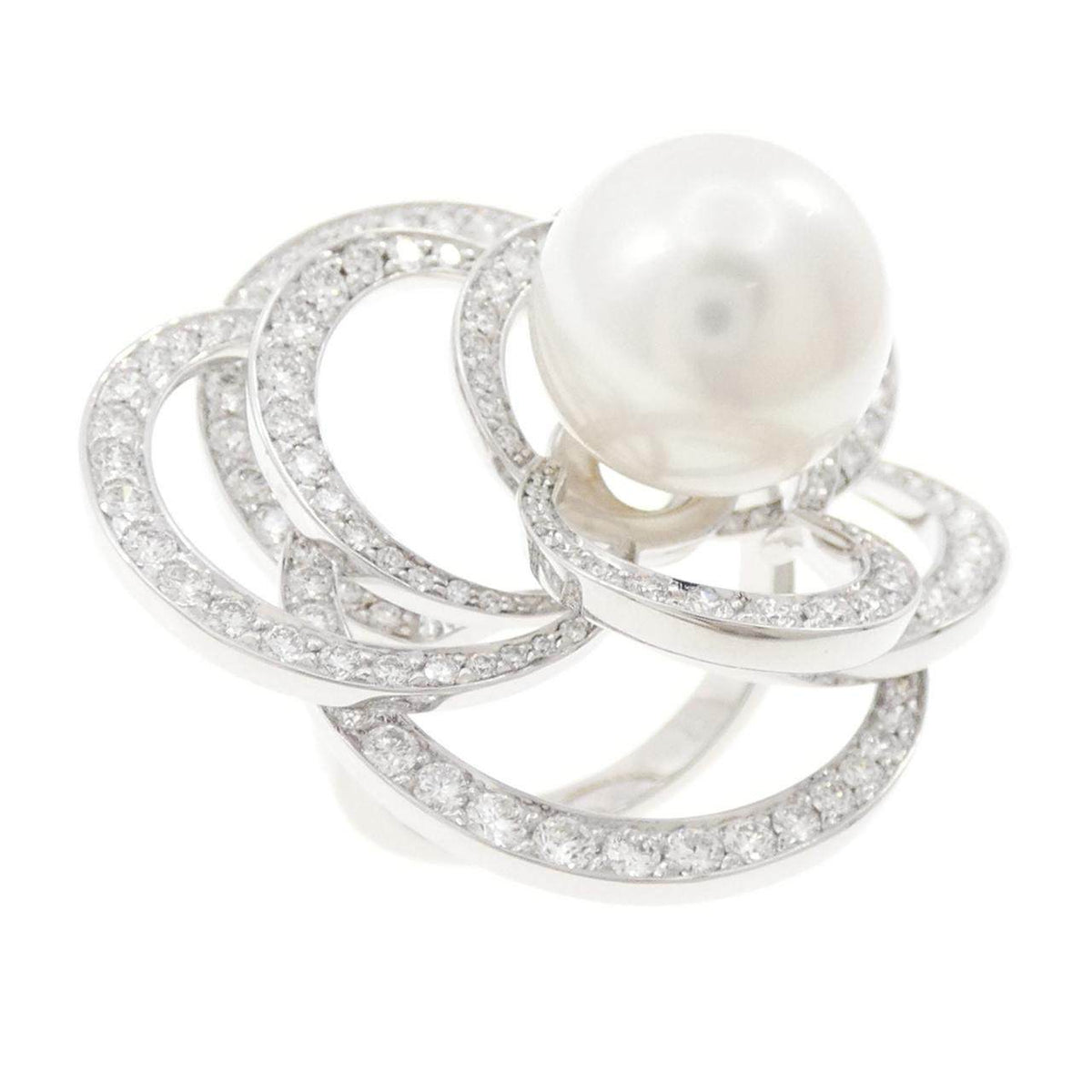 Chanel Camelia 18K White Gold Diamond Pearl Ring – front view