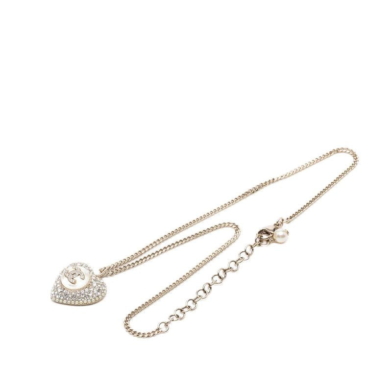 Chanel Heart Coco Mark Brass Pearl Pendant Necklace – full length