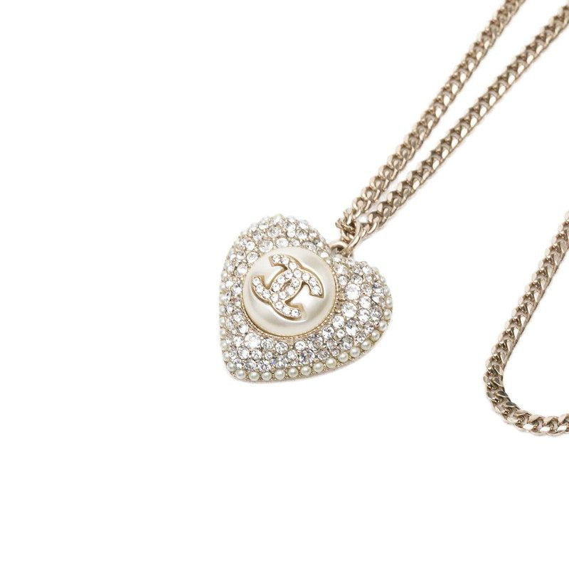 Chanel Heart Coco Mark Brass Pearl Pendant Necklace – front view