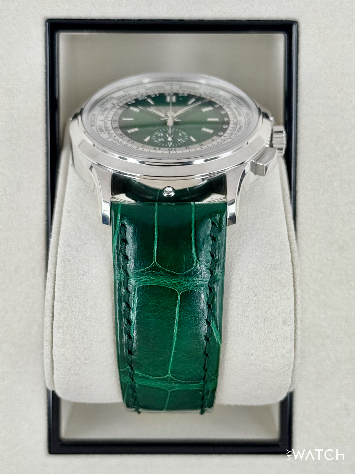 Patek Philippe 5930P World Time Flyback Chronograph Platinum Green Dial – side view