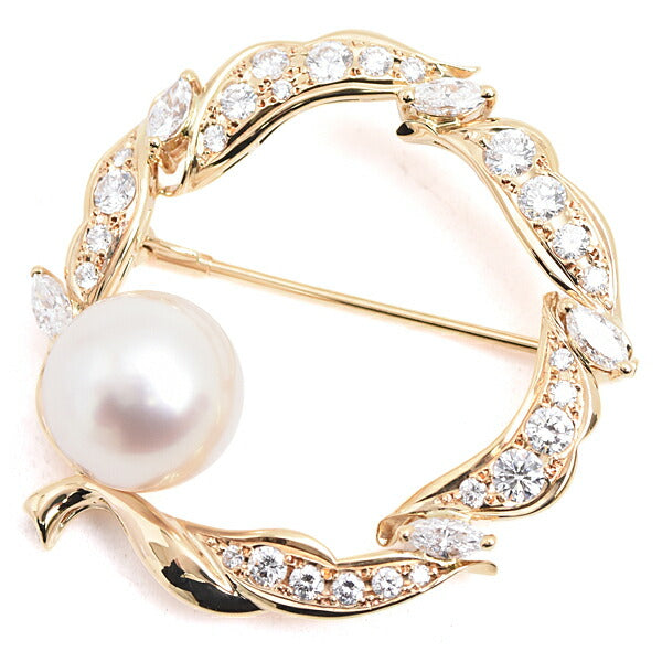 Mikimoto 11.8mm 18K Yellow Gold Diamond Pearl Brooch – front view
