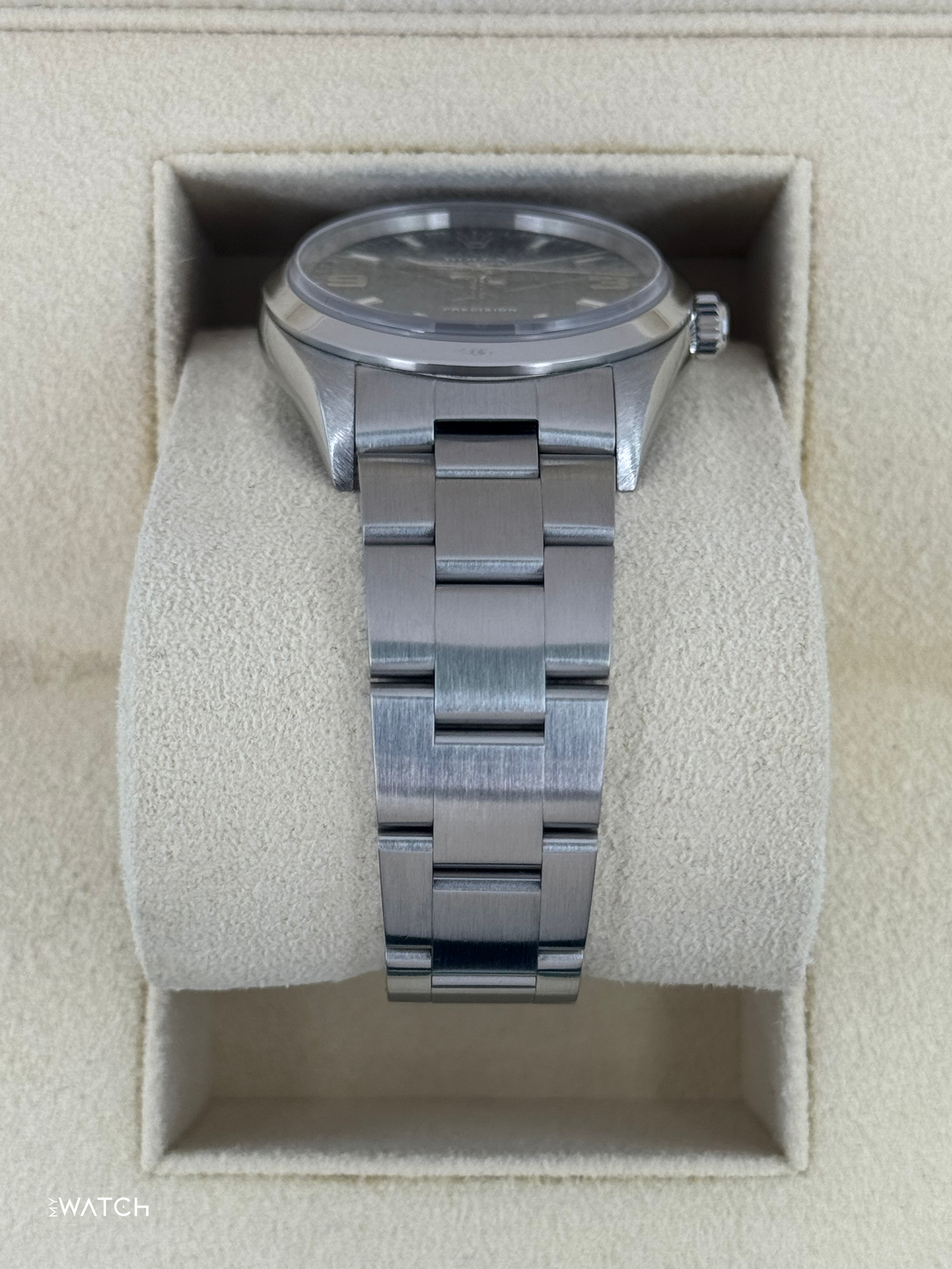 Rolex Air-King 34mm 14000M Stainless Steel Blue Dial – side view
