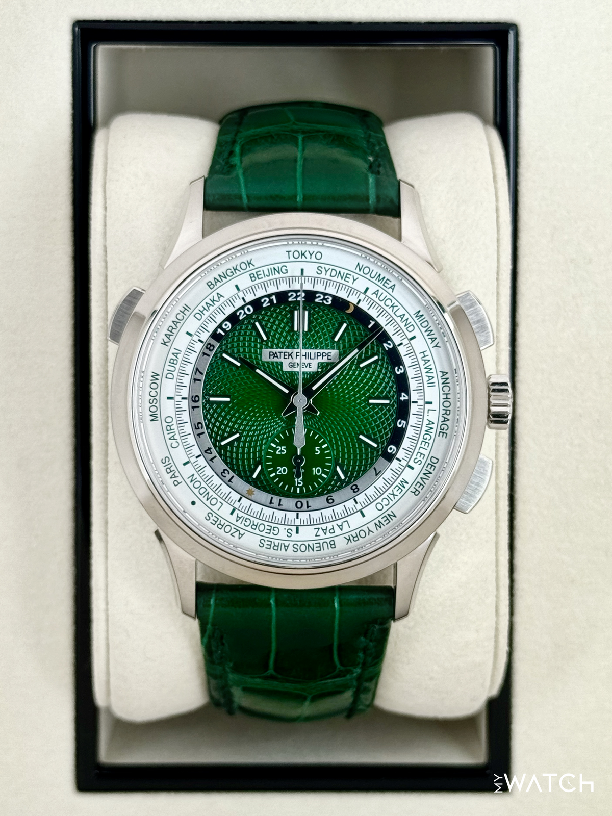 Patek Philippe 5930P World Time Flyback Chronograph Platinum Green Dial – front view