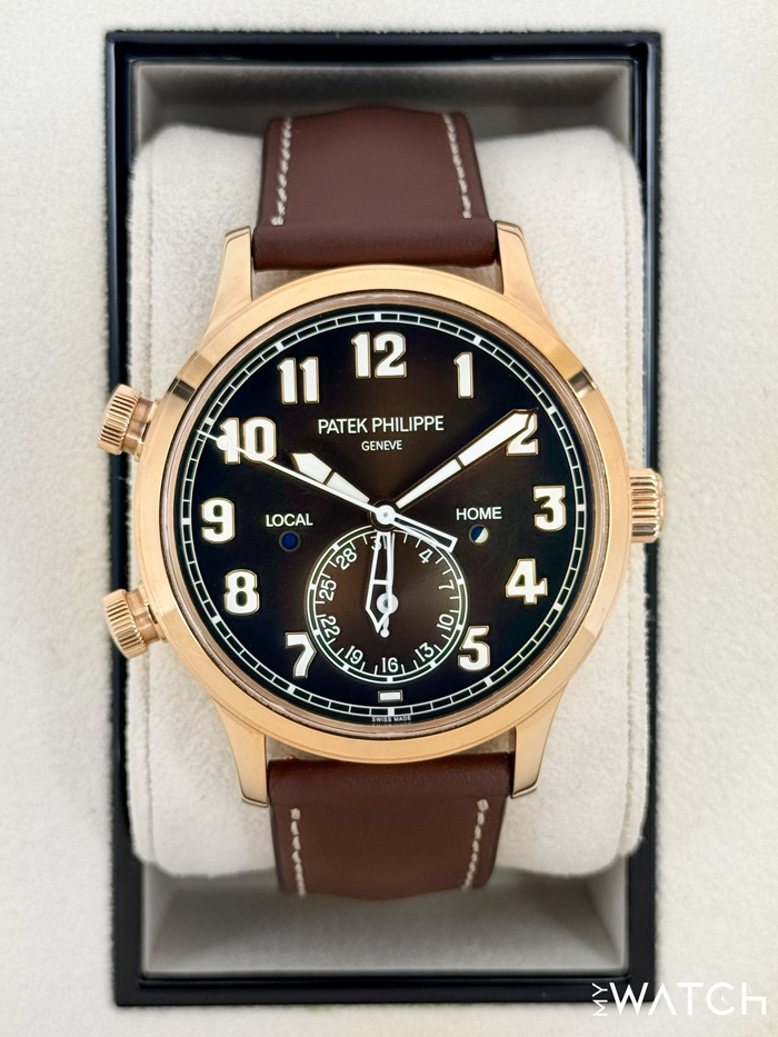 Patek Philippe Calatrava Pilot Travel Time 42mm 5524R Rose Gold Brown Dial – front view