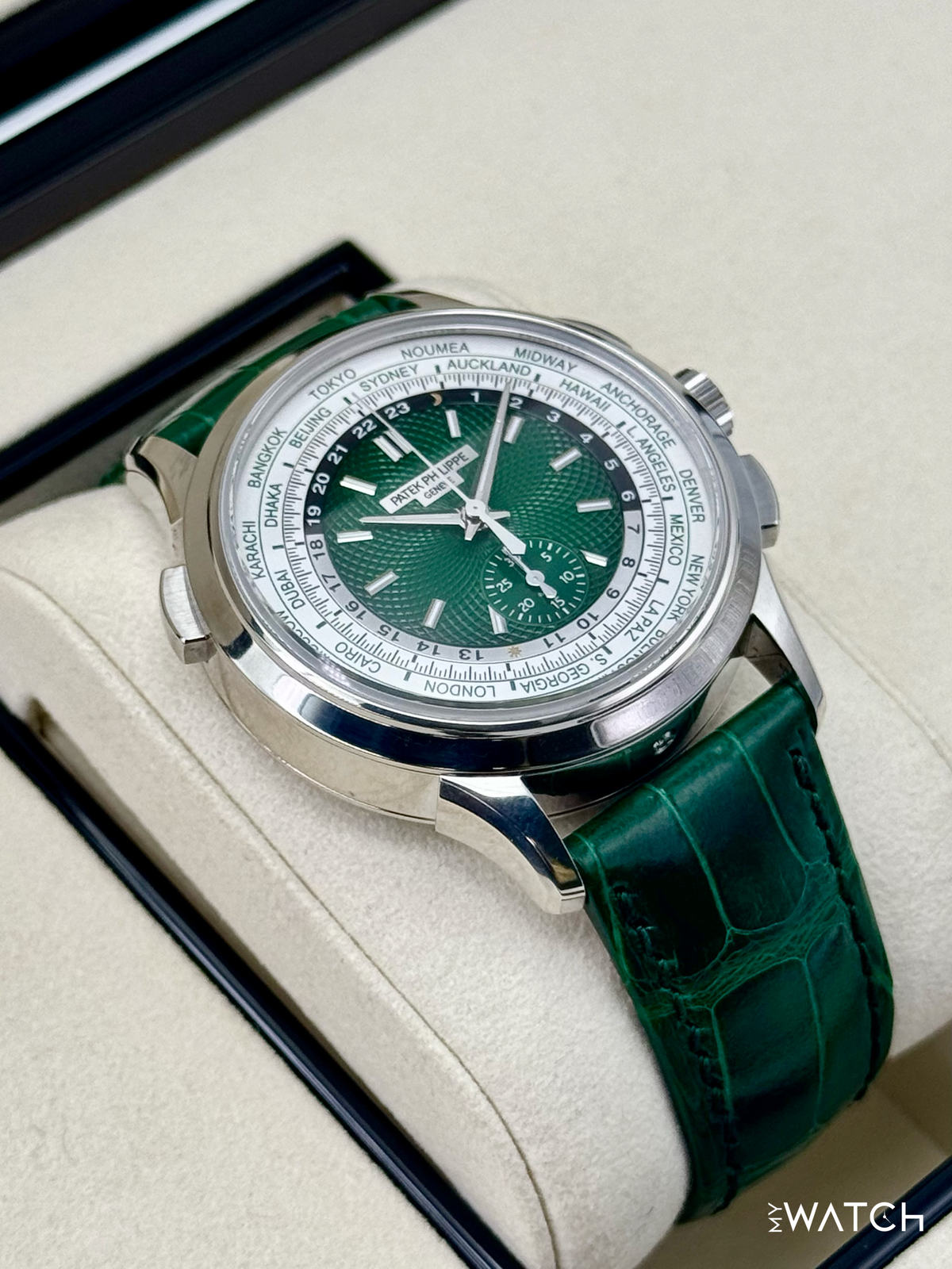 Patek Philippe 5930P World Time Flyback Chronograph Platinum Green Dial – on the wrist