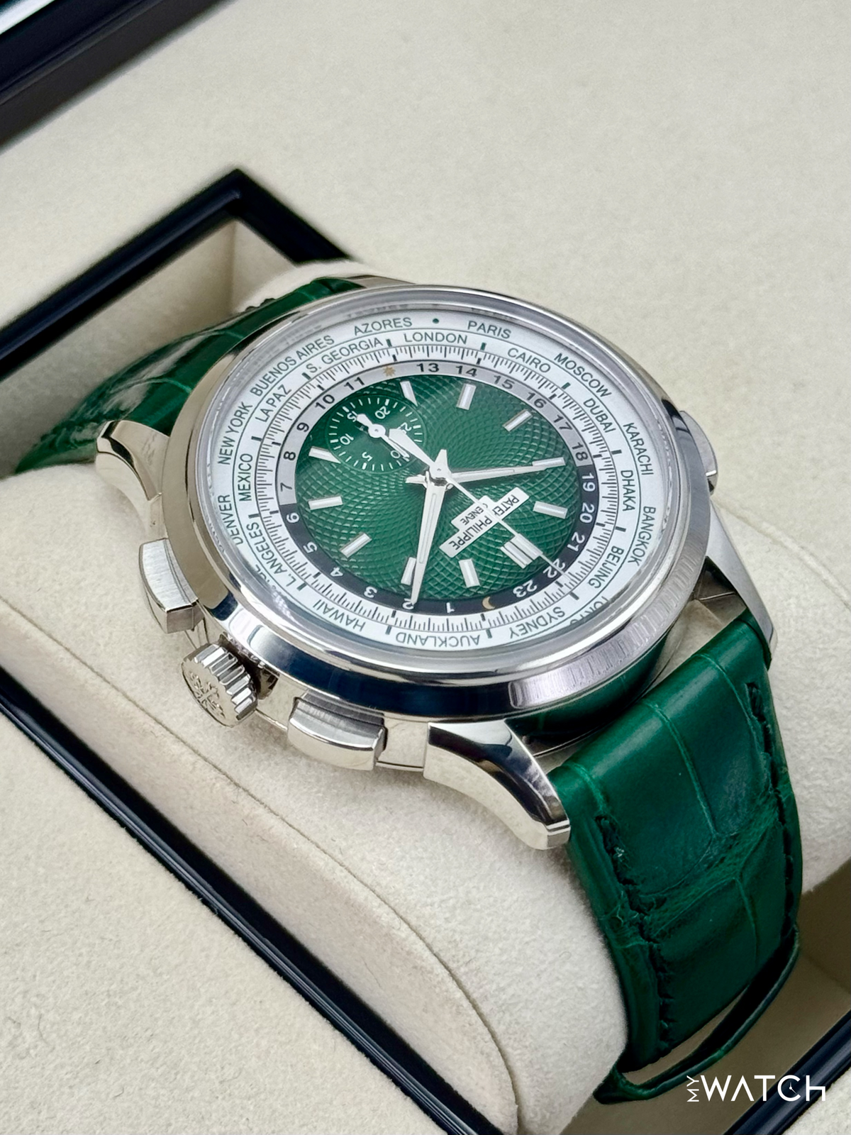 Patek Philippe 5930P World Time Flyback Chronograph Platinum Green Dial – image 8
