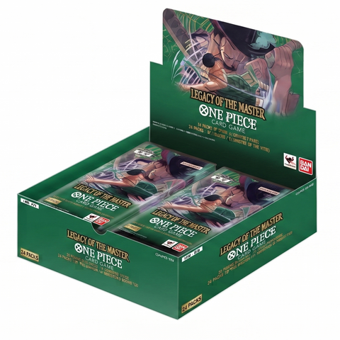 A green One Piece trading card display box containing multiple booster packs, shown on a plain white background.