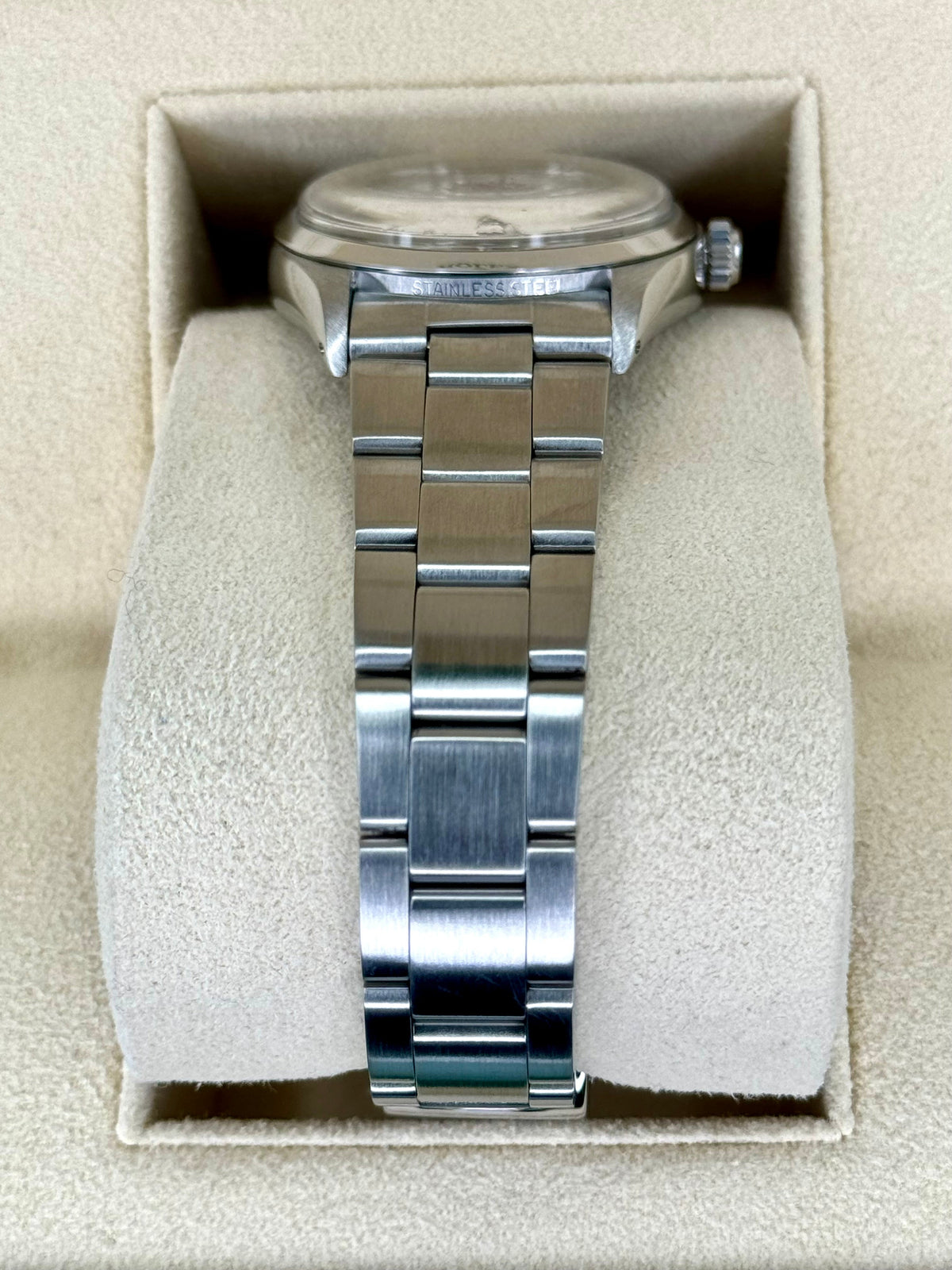 Rolex Air-King 34mm 5500 Stainless Steel Oyster Silver Dial – side view