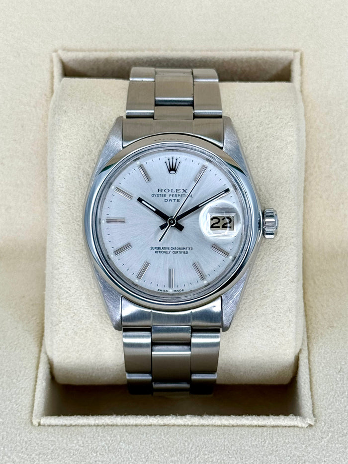 Rolex Oyster Perpetual Date 34mm 1500 Stainless Steel Silver Dial – front view