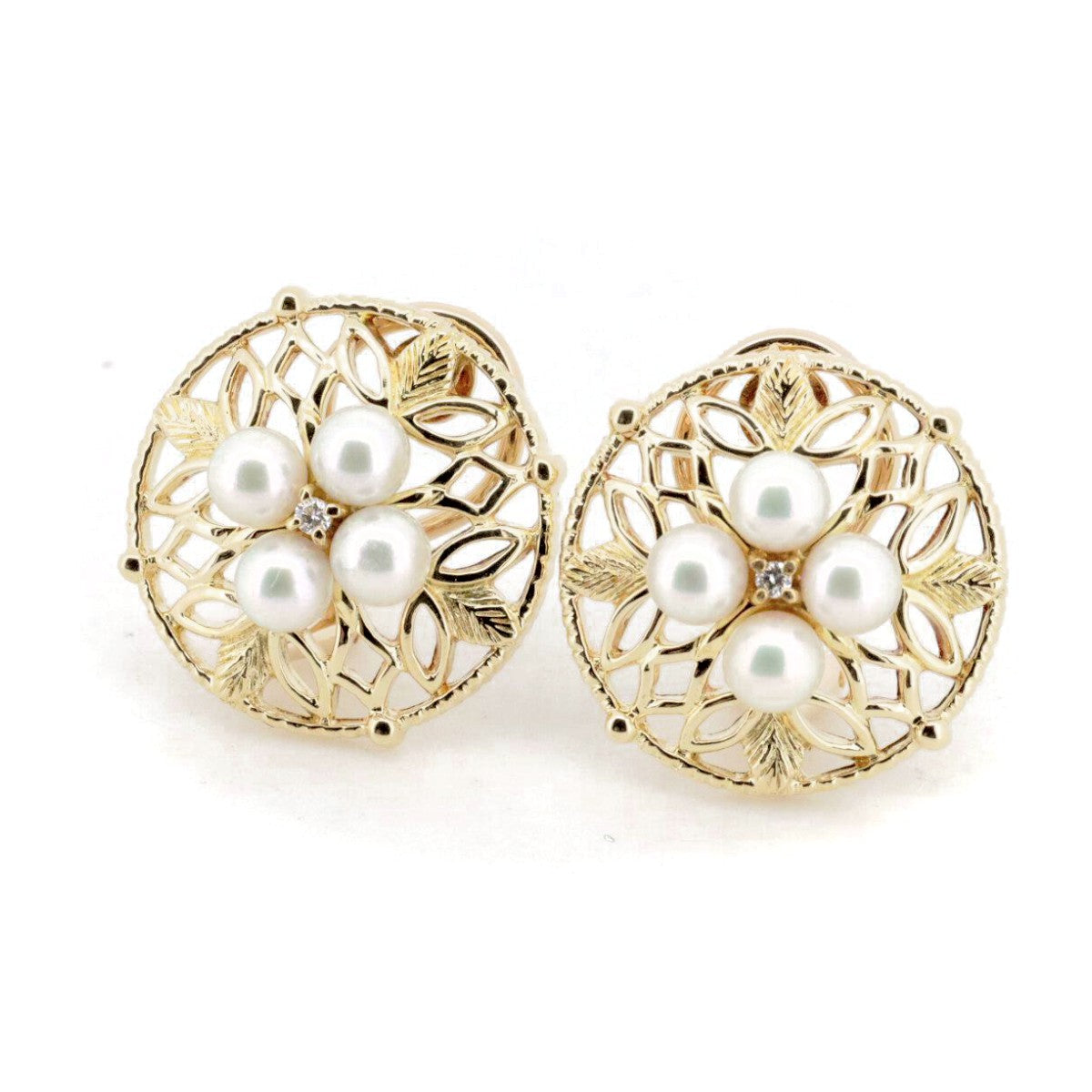 Mikimoto 18K Yellow Gold Diamond Pearl Earrings – front view