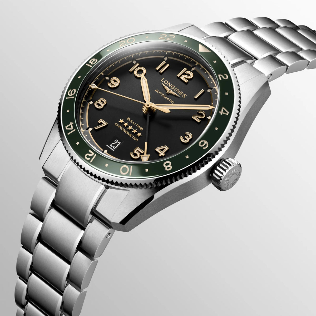 Longines Spirit Zulu Time GMT 39mm Green Bezel L3.802.4.63.6
