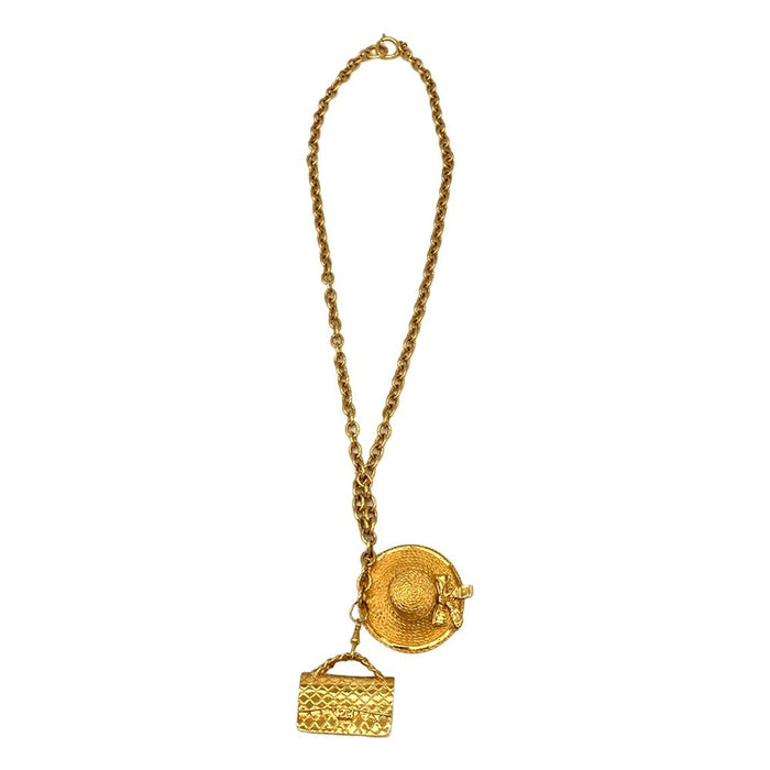 Chanel Matelasse Bag Straw Hat Charm Gold-Plated Long Necklace – front view